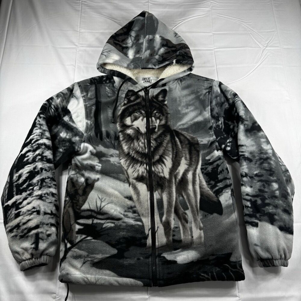 Wildkind Snow Grey Alpha Wolf Wolves Jacket Men's S Full Zip Sherpa Linning AOP